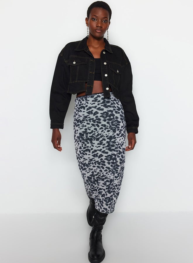 trendyol Black Waist Detail Printed Flexible Tulle Maxi Knitted Skirt TWOAW24ET00124 - Image 3