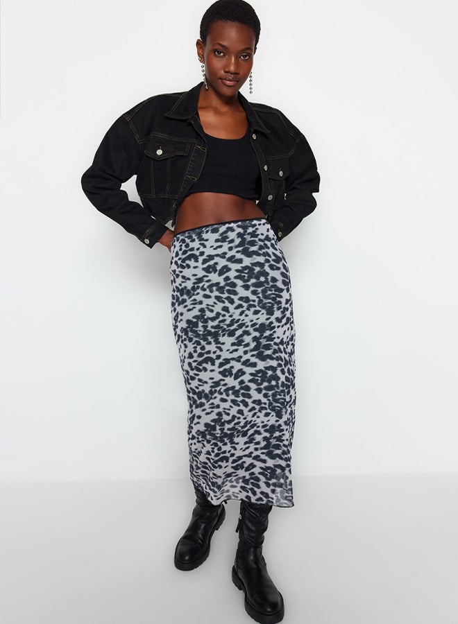 trendyol Black Waist Detail Printed Flexible Tulle Maxi Knitted Skirt TWOAW24ET00124 - Image 1