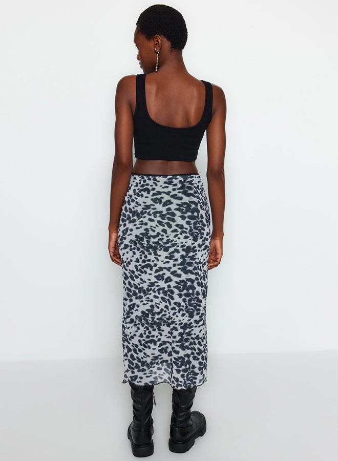 trendyol Black Waist Detail Printed Flexible Tulle Maxi Knitted Skirt TWOAW24ET00124 - Image 5