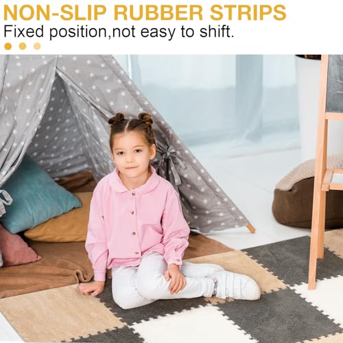 ZENOWICK 12 Pcs Plush Interlocking Carpet Tiles NonToxic Foam Carpet Tiles for Toddler Baby AntiSlip EVA Foam Interlocking Tiles for Floor Nursery Grey White Light Brown - Image 5