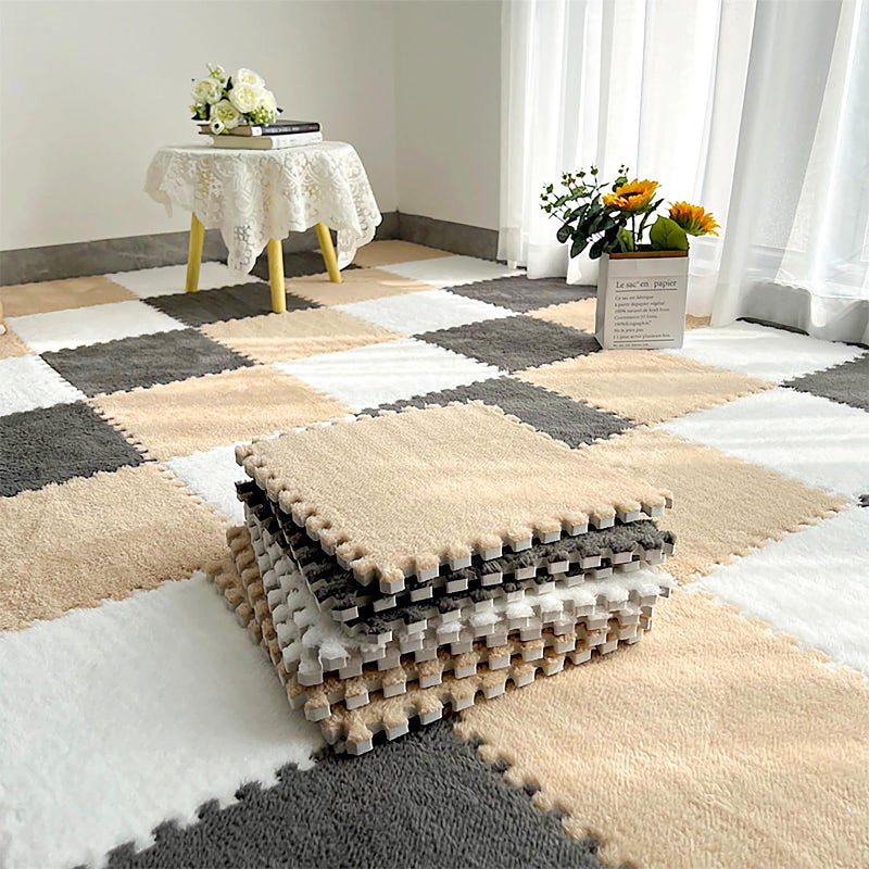 ZENOWICK 12 Pcs Plush Interlocking Carpet Tiles NonToxic Foam Carpet Tiles for Toddler Baby AntiSlip EVA Foam Interlocking Tiles for Floor Nursery Grey White Light Brown - Image 2