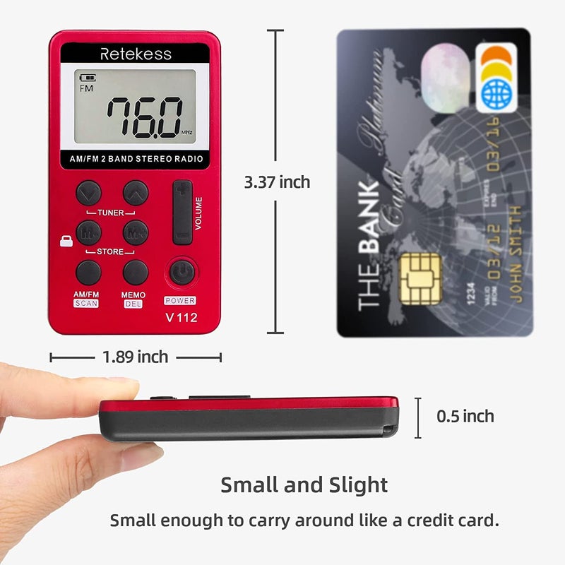 Retekess V112 AM FM Portable Pocket Radio, FM Receiver, Digital Tuning Stereo, with Headphones, Rechargeable Battery, for Walking, Jogging, Training, Church (Red) - Image 2