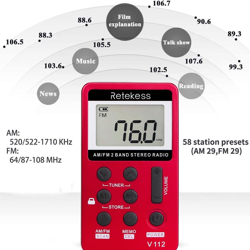 Retekess V112 AM FM Portable Pocket Radio, FM Receiver, Digital Tuning Stereo, with Headphones, Rechargeable Battery, for Walking, Jogging, Training, Church (Red) - Image 4