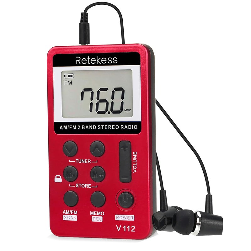 Retekess V112 AM FM Portable Pocket Radio, FM Receiver, Digital Tuning Stereo, with Headphones, Rechargeable Battery, for Walking, Jogging, Training, Church (Red) - Image 1