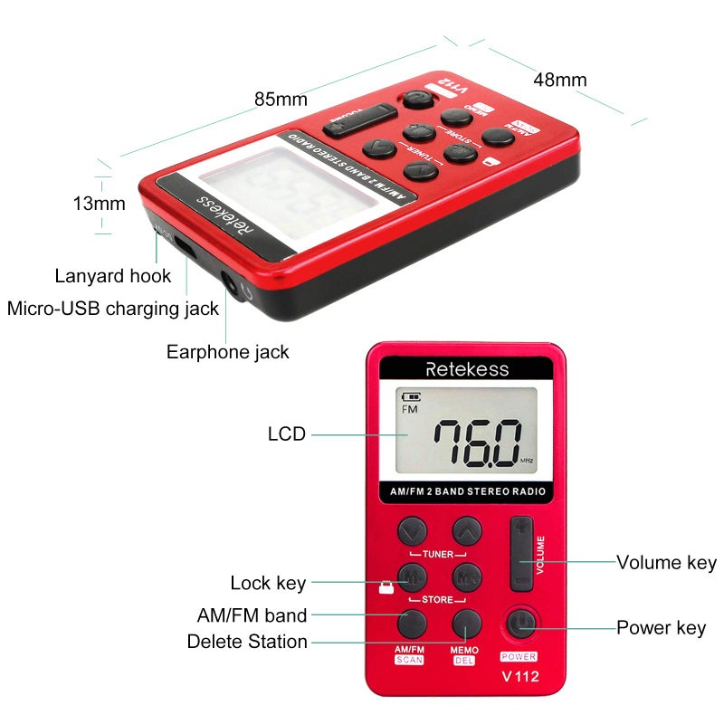 Retekess V112 AM FM Portable Pocket Radio, FM Receiver, Digital Tuning Stereo, with Headphones, Rechargeable Battery, for Walking, Jogging, Training, Church (Red) - Image 3
