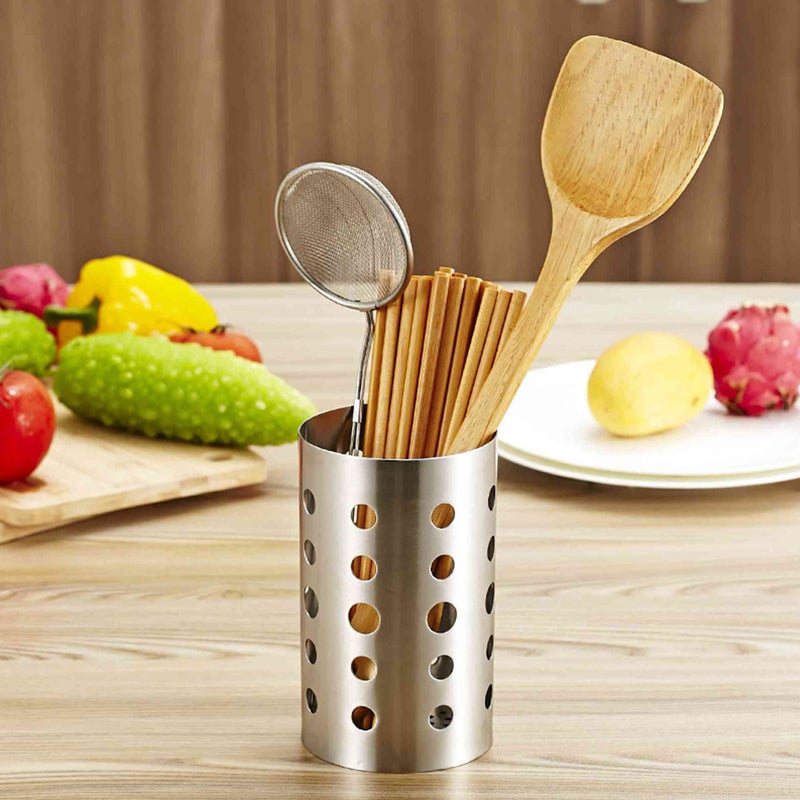 Cooking Utensil Holder: 10×10×17cm Stainless Steel, Large Capacity - Multihole Hygienic Drainage, Stable Nontipping Base for Home Kitchen, Outdoor Parties, Catering - Image 1