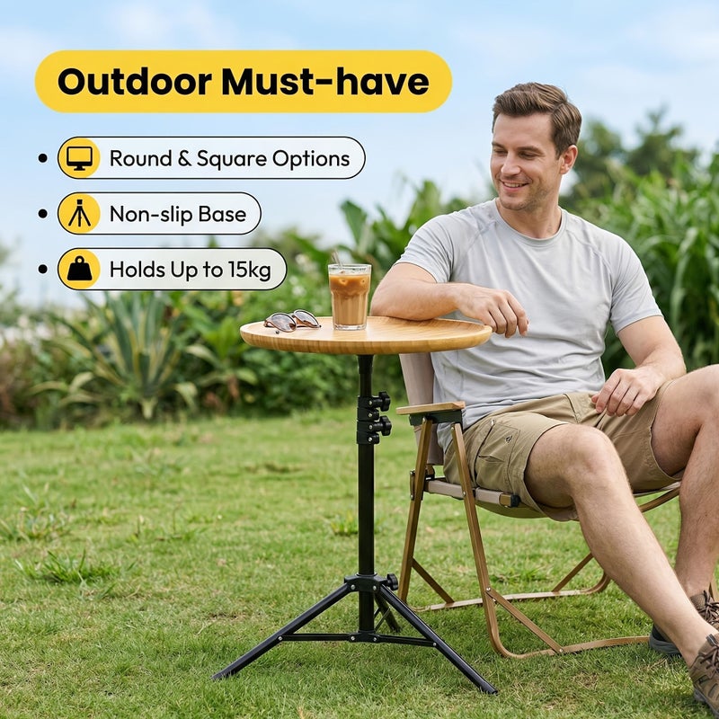 Portable Foldable Square Camping Table with Tripod Stand Solid Wood - Image 1