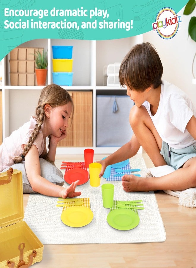 PLAYKIDIZ سلة نزهة للأطفال من بلايكيديز، مجموعة أدوات شاي مكونة من 25 قطعة - مجموعة أدوات لعب ملونة، ألعاب مطبخ للأطفال الأولاد والبنات، للأعمار 3 سنوات فما فوق - Image 4