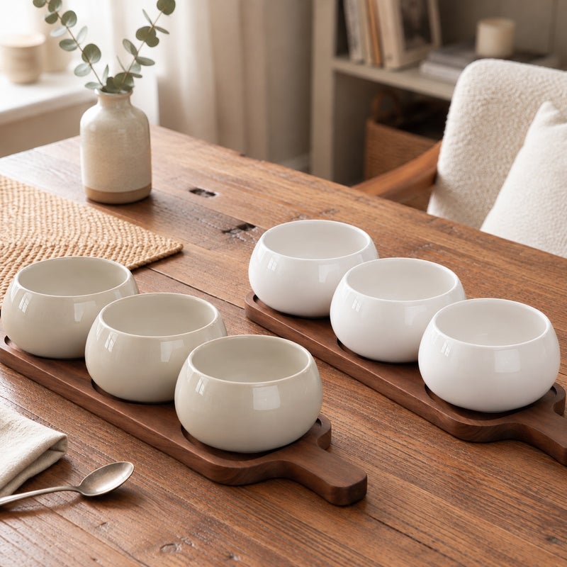 Porcelain snack set with 3 compartments, round shape, and wooden base.