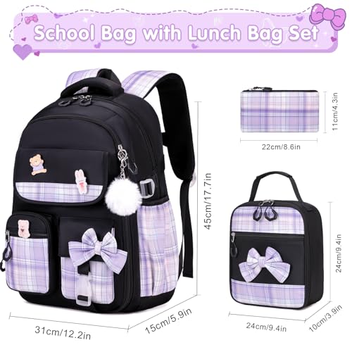 ACESAK Girls Backpack - 3PCS Backpack for Girls Cute School Backpacks for Kindergarten Elementary Preschool Middle Kids School Bags with Lunch Box Pencil Case Set (Black Purple) - Image 2