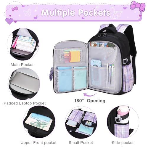 ACESAK Girls Backpack - 3PCS Backpack for Girls Cute School Backpacks for Kindergarten Elementary Preschool Middle Kids School Bags with Lunch Box Pencil Case Set (Black Purple) - Image 3
