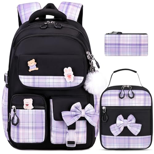ACESAK Girls Backpack - 3PCS Backpack for Girls Cute School Backpacks for Kindergarten Elementary Preschool Middle Kids School Bags with Lunch Box Pencil Case Set (Black Purple) - Image 1