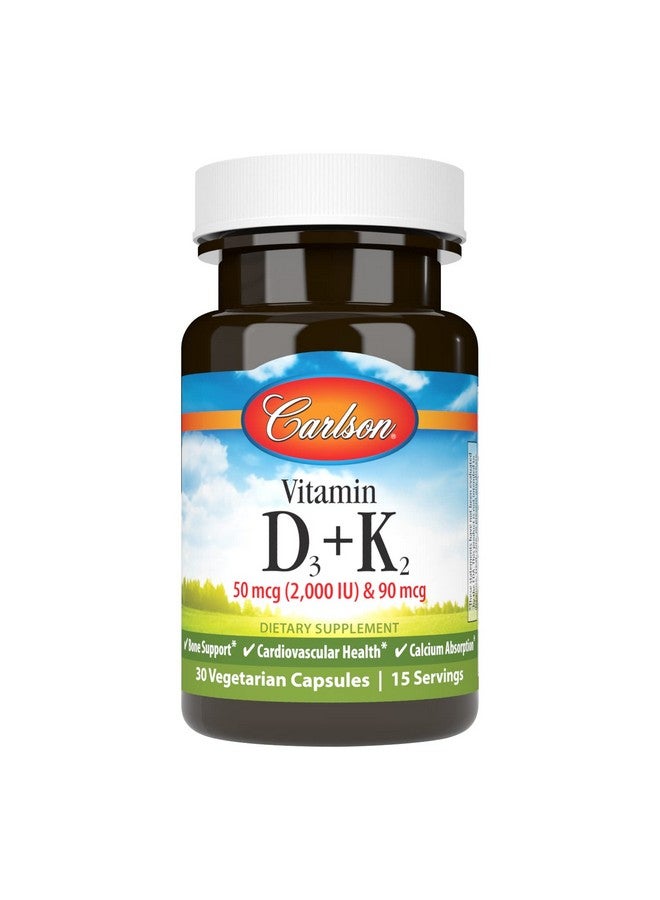 كارلسون - فيتامين د3 + ك2، 50 ميكروغرام (2000 وحدة دولية) فيتامين د3 و90 ميكروغرام فيتامين ك2 كـ MK7، دعم العظام، امتصاص الكالسيوم، 30 كبسولة - Image 1