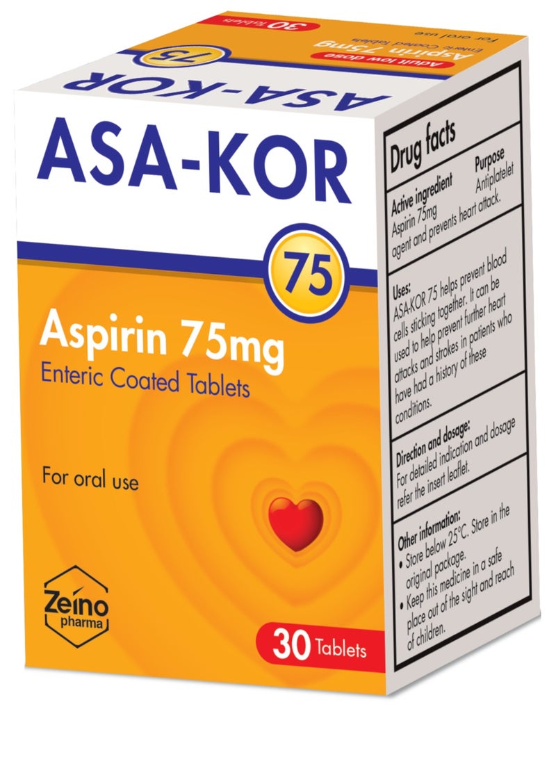 ASA-KOR Aspirin 75 mg Enteric Coated 30 Tablets - Image 1