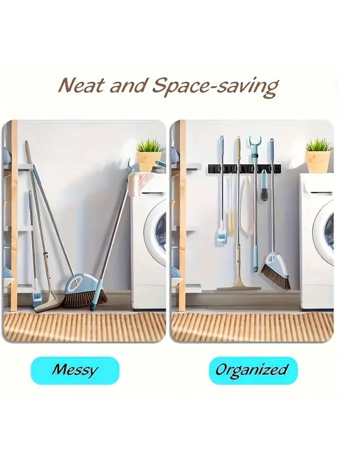 Grey 6 Hooks Metal Mop and Broom Holder Wall Mounted Storage Rack With Adjustable Hooks for Home Kitchen Garden Laundry Room Garage Painted Finish Space Saving Shelf - Image 4