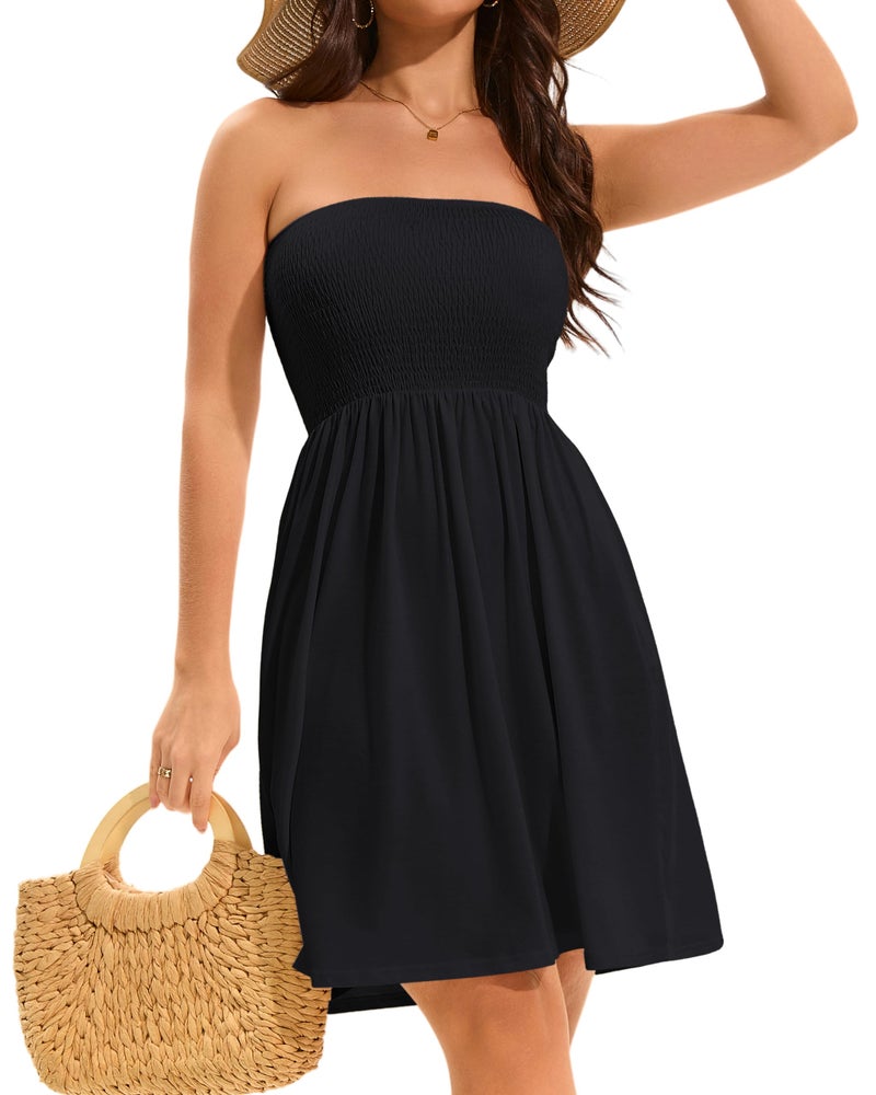 elescat Summer Dresses for Women Strapless Casual Beach Cover Ups Tube Top Sundressï¼ˆBlack, L - Image 5