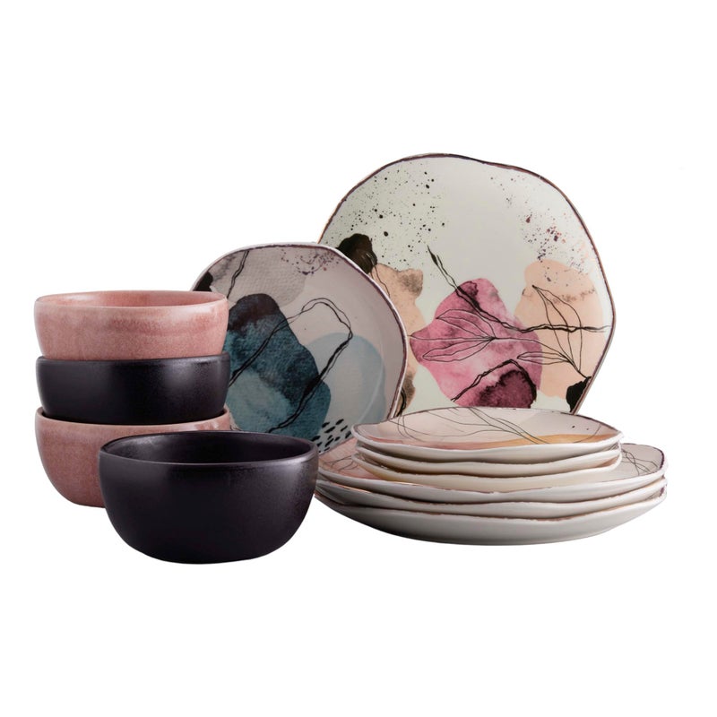 VAJILLAS Corona Corona 12piece Irregular Shapes Watercolor Details Ceramic Dinnerware Sets  Plates and Bowls  Service For 4  Euritmia