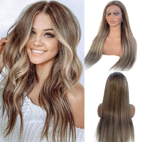 Smartinnov 20 Inch Balayage Human Hair Wigs Ombre Ash Blonde 13x4 HD Transparent Chestnut Brown to Ash Blonde Highlight Lace Front Remy Hair with Brown Roots for Women Pre Plucked with Baby Hair 150 Density - Image 1