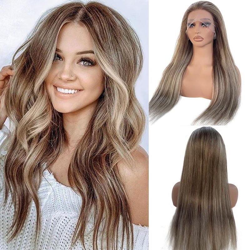 Smartinnov 20 Inch Balayage Human Hair Wigs Ombre Ash Blonde 13x4 HD Transparent Chestnut Brown to Ash Blonde Highlight Lace Front Remy Hair with Brown Roots for Women Pre Plucked with Baby Hair 150 Density - Image 2