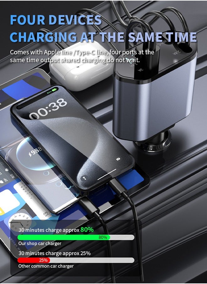 4-in-1 Retractable Car Charger with Intelligent Fast Charging, supports 4 devices simultaneously, compatible with Mobile Phones/Earphones/Tablets