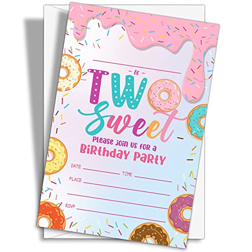 YQV Donut Sweet Two Birthday Party Invitations, 20-Count Donut 2nd Birthday Party Invites With Envelopes-HBYQK-B47 - Image 1