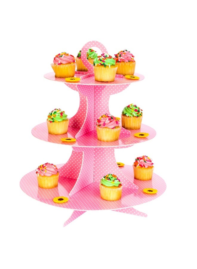 Restaurantware 3 Tier Cardboard Cupcake Stand - Pink with White Polka Dots - Cupcake Holder - Pastry Display - 13 1/2" x 13 1/2" x 14" - 1ct Box - Pastry Tek  - Image 2