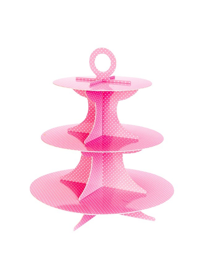 Restaurantware 3 Tier Cardboard Cupcake Stand - Pink with White Polka Dots - Cupcake Holder - Pastry Display - 13 1/2" x 13 1/2" x 14" - 1ct Box - Pastry Tek  - Image 1