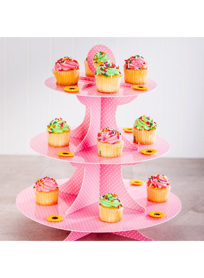 Restaurantware 3 Tier Cardboard Cupcake Stand - Pink with White Polka Dots - Cupcake Holder - Pastry Display - 13 1/2" x 13 1/2" x 14" - 1ct Box - Pastry Tek  - Image 3