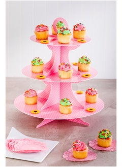 Restaurantware Restaurantware-3 Tier Cardboard Cupcake Stand - Pink with White Polka Dots - Cupcake Holder - Pastry Display - 13 1/2" x 13 1/2" x 14" - 1ct Box - Pastry Tek  - Image 3