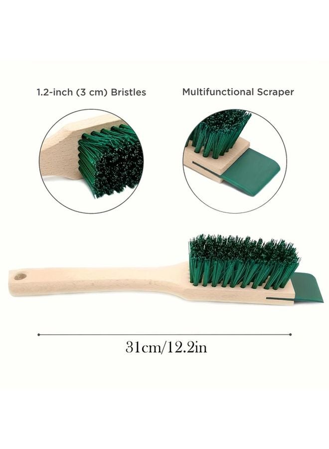 Heavy Duty Hard Bristle Brush With Scraper Green Wooden Handle Lawn Mower Deck Cleaner - Image 1