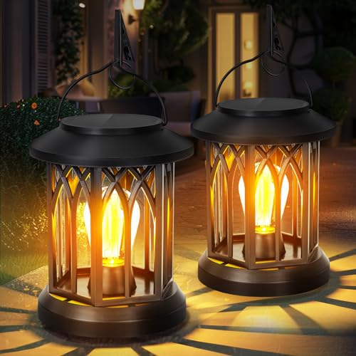 BOMIER Hanging Solar Lanterns Outdoor Waterproof - 2 Pack Outdoor Lantern Decorative, Hanging Solar Lights for Outside, Outdoor Solar Powered Lantern with Handle & Clip for Patio Yard Decor - Image 1