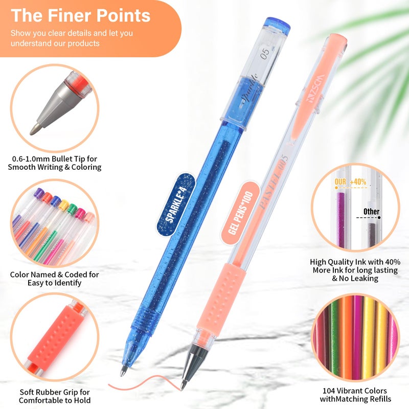 ZSCM QUALITY DECIDES THE FUTURE 202 Pack Gel Pen For Adults Coloring Books, 104 Artist Pens Include 100 Colored Pens, 4 Metallic Sparkle Pens With 98 Refills, Fine Tip Metallic Gel Pen for Drawing Journaling Craft Art Supplies - Image 2