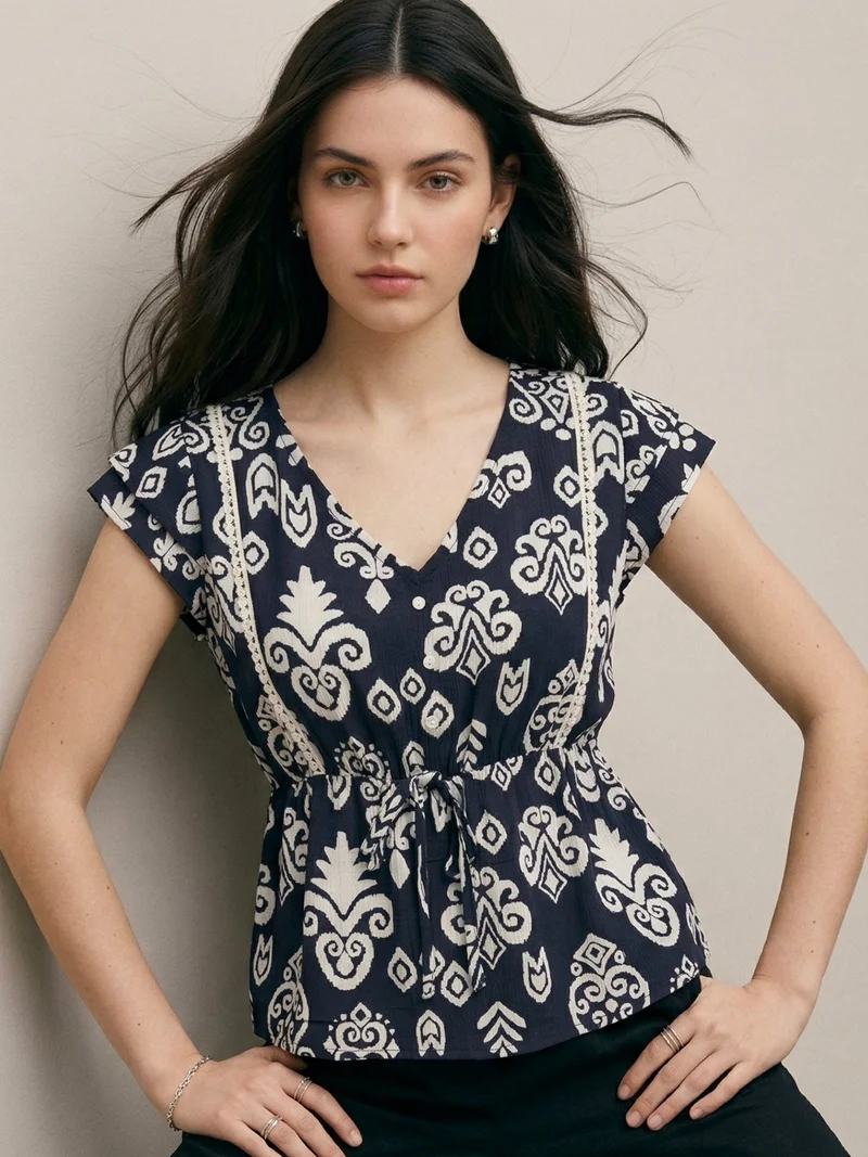 أوجيدر Navy Blue Floral Print Top