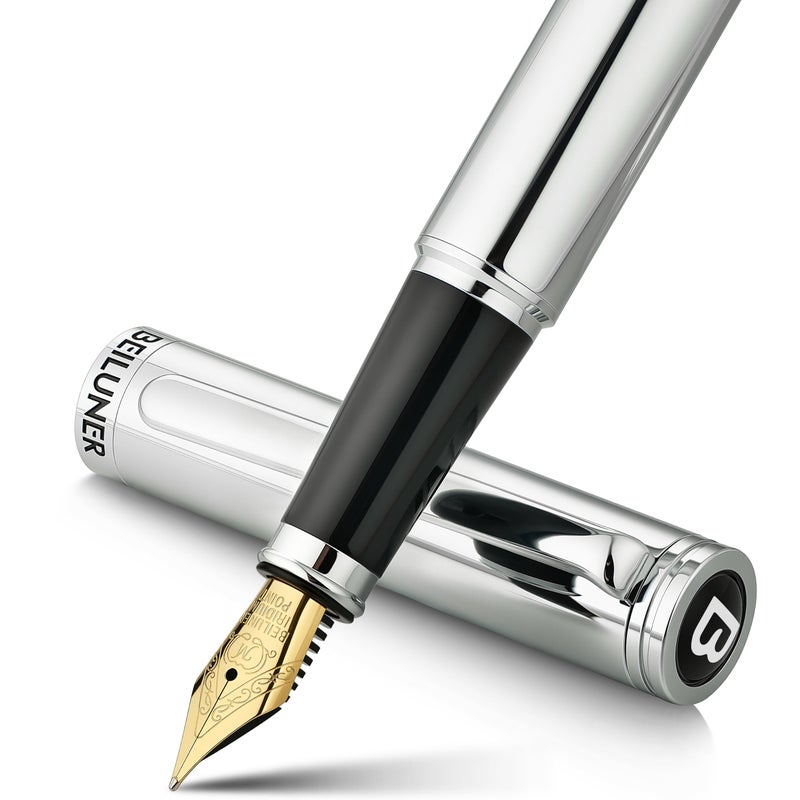 BEILUNER Silver Fountain Pen,Stunning Luxury Pens with Bright Silver Chrome, Gorgeous 24K Gilded Nib(Medium), Fancy Pen Gift for Men&Women -Ink Converter-Elegant, Office,Nice Pen for Writing - Image 1