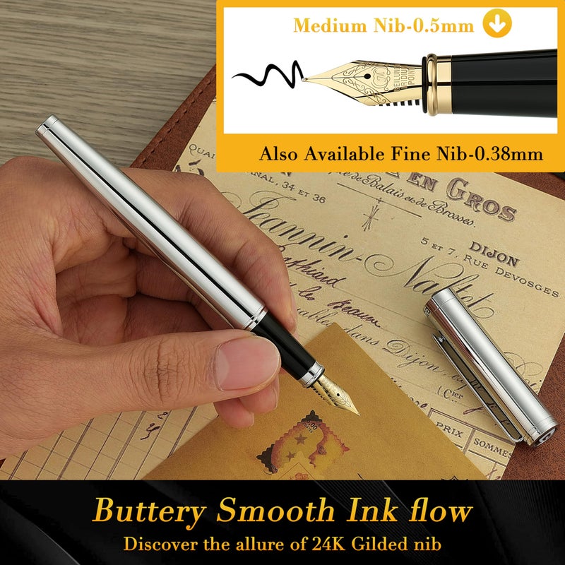 BEILUNER Silver Fountain Pen,Stunning Luxury Pens with Bright Silver Chrome, Gorgeous 24K Gilded Nib(Medium), Fancy Pen Gift for Men&Women -Ink Converter-Elegant, Office,Nice Pen for Writing - Image 4
