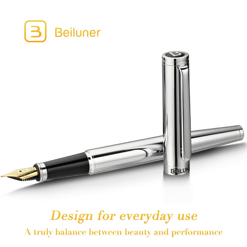 BEILUNER Silver Fountain Pen,Stunning Luxury Pens with Bright Silver Chrome, Gorgeous 24K Gilded Nib(Medium), Fancy Pen Gift for Men&Women -Ink Converter-Elegant, Office,Nice Pen for Writing - Image 2