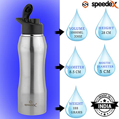 Speedex Stainless Steel Metallic Silver Water Bottle 1 Ltr with Sipper Cap – Leak-Proof, Lightweight, Durable | For Kids, Adults, Office, School, and Travel Use (1000 ml) - Image 2