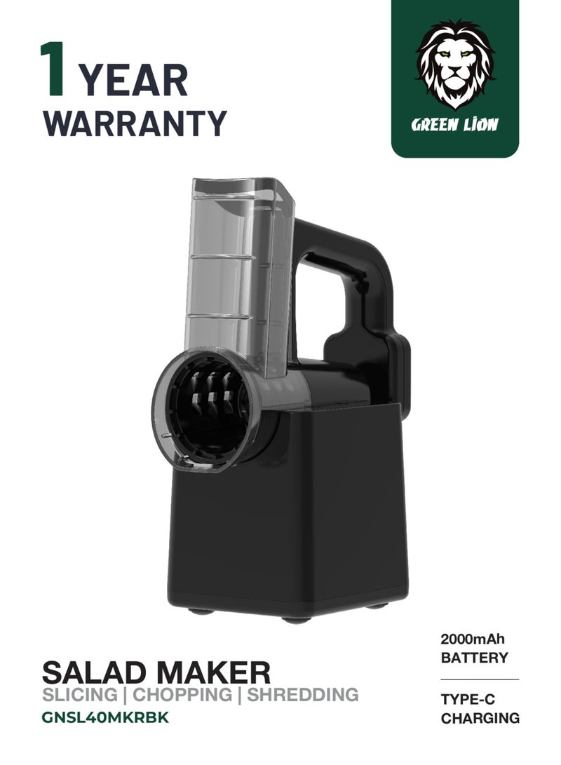 GREEN LION 3 in 1 Salad Maker-Slicing , Chopping , Shredding / Battery 2000mAh / Electric Salad Machine for Cheeses, Fruits, Vegetables / Power 40W / 250 RPM / Stainless Steel Blades / Charging Port USB-C - Black - Image 1