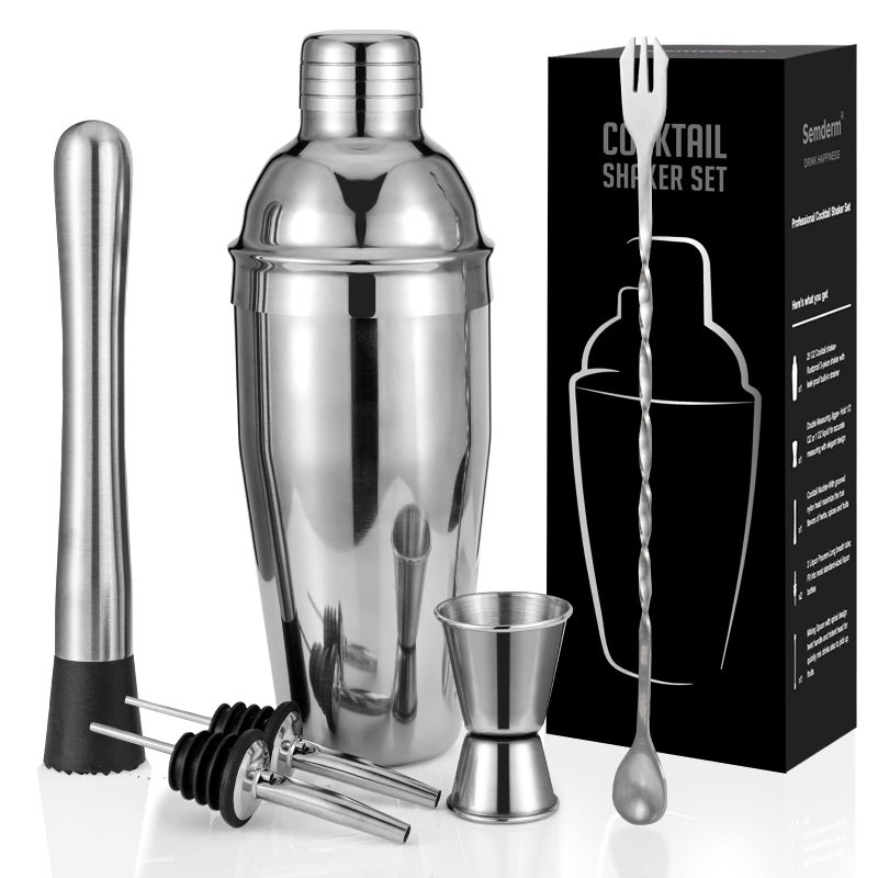 Semderm Cocktail Shaker Set 6-Piece Bartender Kit Premium Shakers Bartending: Martini Shaker Measuring Jigger Mixing Spoon Muddler 2 Pourers Bar Tools Set With Built-In Bartender Strainer For Drink Shaker - Image 1