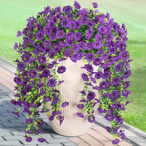 Hrobek Artificial Hanging Petunias Flowers for Outdoor 2pcs Fake Plants Long Vine Morning Glory Eucalyptus UV Resistant Realistic Faux Greenery Outside Patio Porch Garden Spring Summer Decor Dark Purple - Image 1