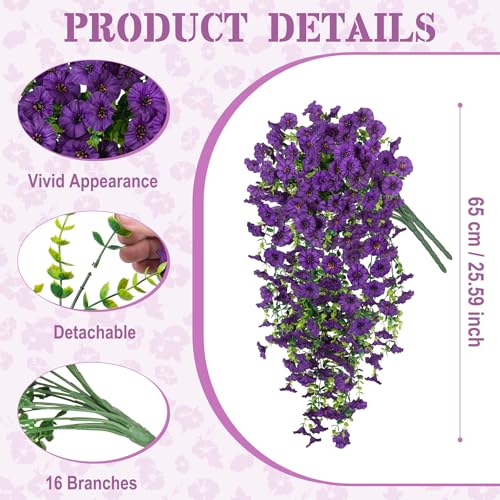 Hrobek Artificial Hanging Petunias Flowers for Outdoor 2pcs Fake Plants Long Vine Morning Glory Eucalyptus UV Resistant Realistic Faux Greenery Outside Patio Porch Garden Spring Summer Decor Dark Purple - Image 3