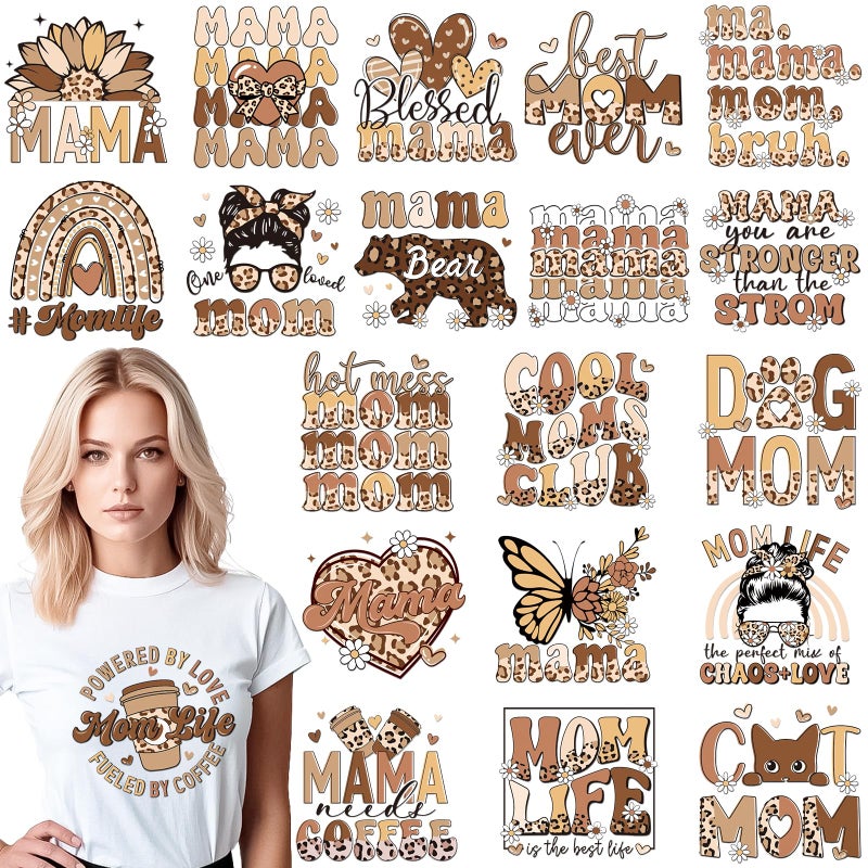 Dazoratix Mother's Day Transfer Stickers - 20 Sheets Mama Iron on Transfers Ready to Press Heat Patches Vinyl DTF Decals for T Shirts Clothes DIY Crafts Women Clothing Bag Appliques Pillow Decorations - Image 1