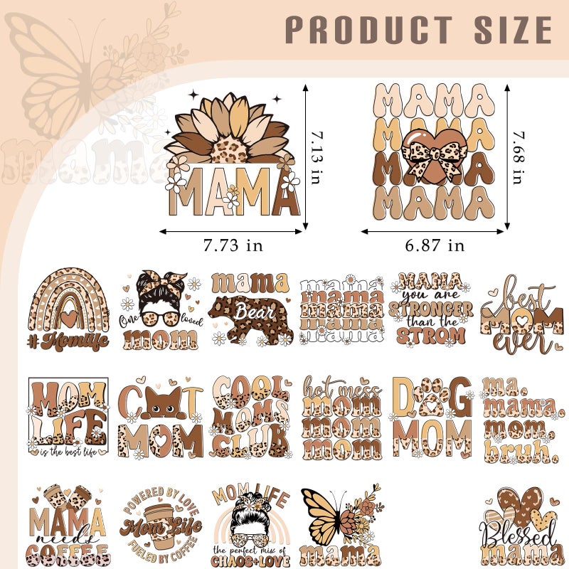 Dazoratix Mother's Day Transfer Stickers - 20 Sheets Mama Iron on Transfers Ready to Press Heat Patches Vinyl DTF Decals for T Shirts Clothes DIY Crafts Women Clothing Bag Appliques Pillow Decorations - Image 2