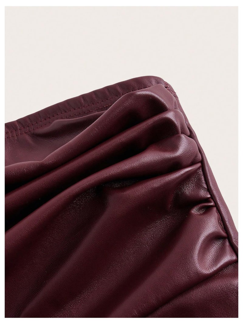 MakeMeChic Women's Leather Tops Strapless Concert Bandeau Crop Tube Tops Ruched Split Club Shirt Burgundy Medium - Image 3