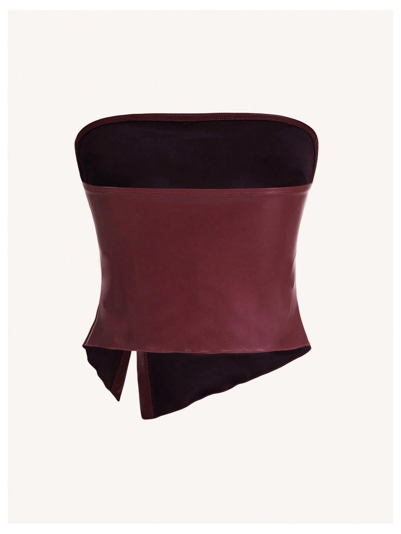 MakeMeChic Women's Leather Tops Strapless Concert Bandeau Crop Tube Tops Ruched Split Club Shirt Burgundy Medium - Image 2