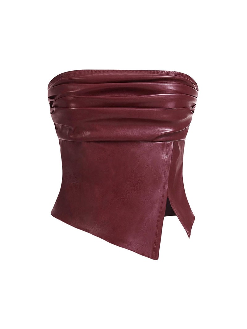 MakeMeChic Women's Leather Tops Strapless Concert Bandeau Crop Tube Tops Ruched Split Club Shirt Burgundy Medium - Image 1