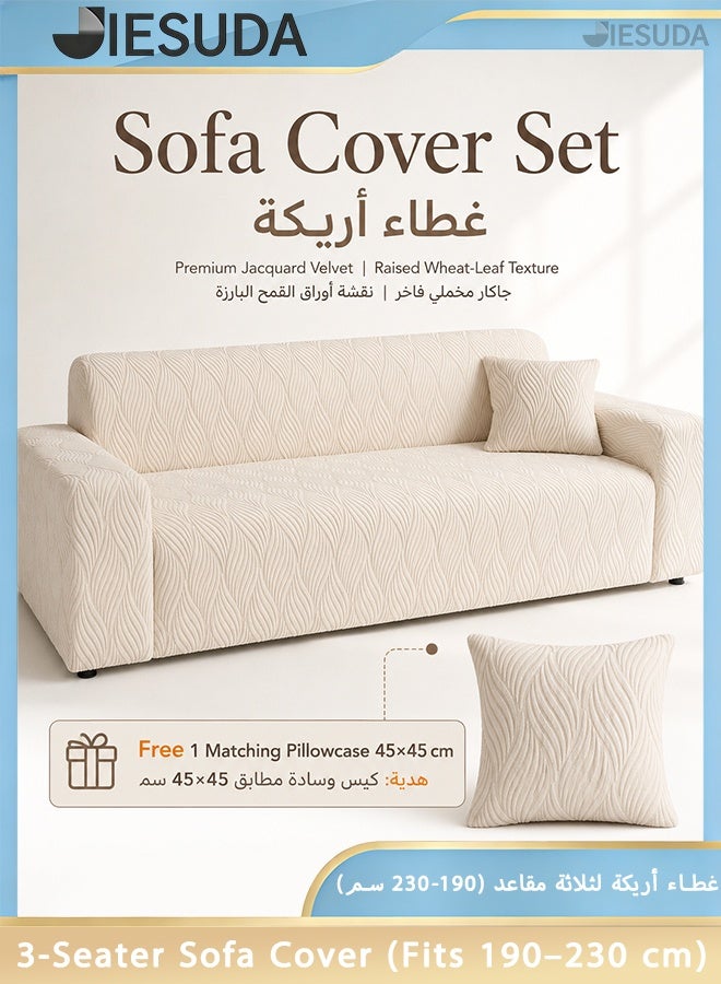 Jacquard Velvet 3 Seater Sofa Slipcover Full Coverage Stretch Couch Cover With Beige Wheat Leaf Pattern For 190-230 cm Sofa With 45x45 cm Matching Cushion Cover
