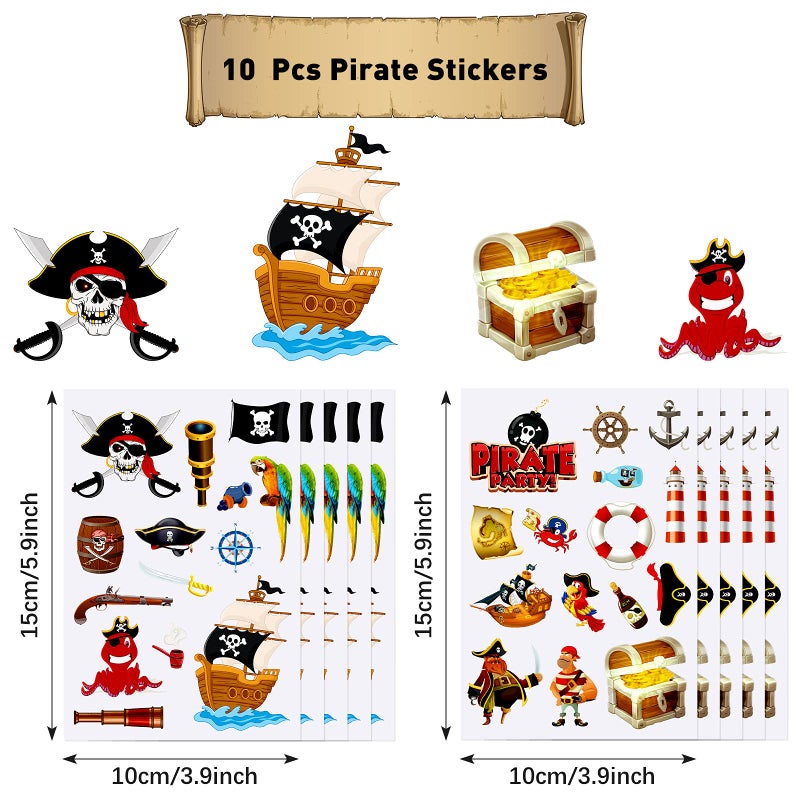 Chinco 10 Sheets Pirate Stickers Fun Stickers Adhesive Assorted Pirate Themed Decals for Birthday Party Favor for Arm Water Bottles Laptop Halloween - Image 2