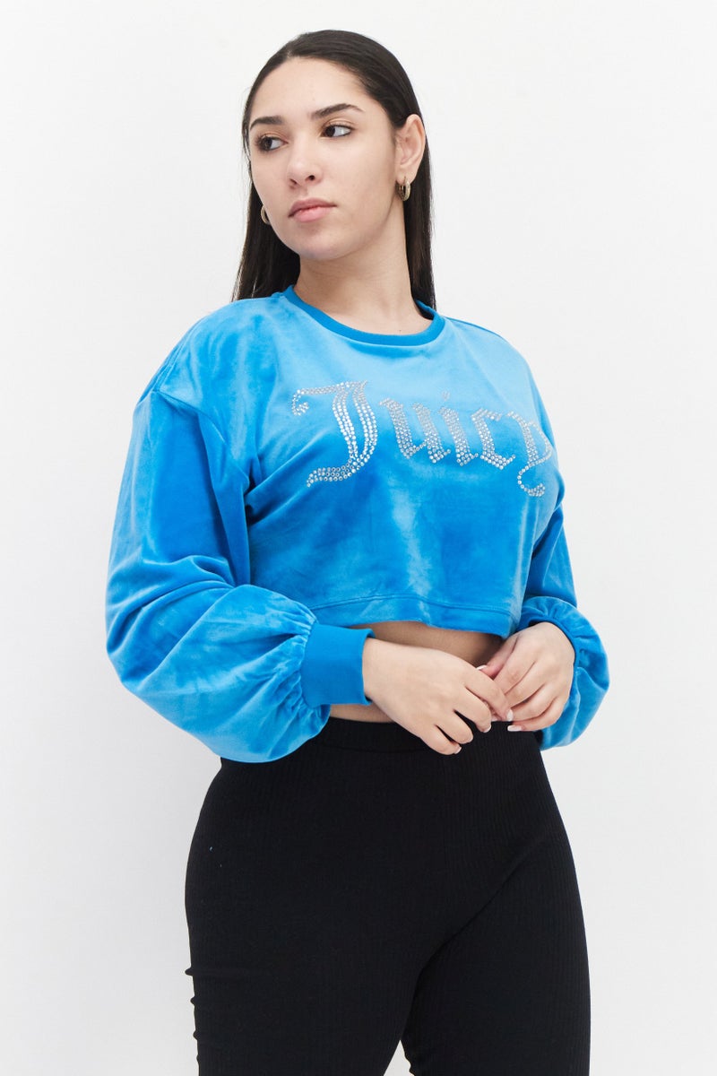 Juicy Couture سويت شيرت مزين بياقة دائرية للنساء، فلاش تركواز - Image 1