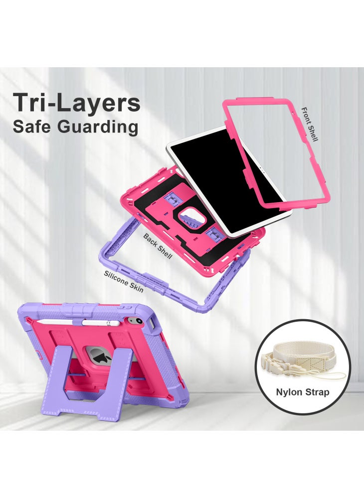 For iPad (2025)/iPad 10.9 (2022) Case with Kickstand Strap Anti Drop PC+Silicone Tablet Cover - Purple/Rose - Image 2